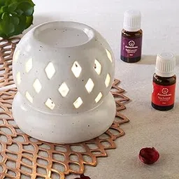 Asian Aura Aroma Diffuser Handcrafted Ceramic Electric Round Shaped Aroma Oil Burner for Home with Aroma Oils (English Lavender & Rosy Romance Fragrance 10ml Each) image 1
