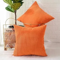 Guffaw Corduroy Cushion Covers 24x24 inches for Sofa, Bed, Couch Chair, Large Size, Square Pillow Shams (2, Orange)-picture-11