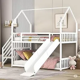 Avish Wood Twin Over Twin Metal Bunk Bed for Adults | Bunk Bed with Slide | Modern Over Bed Frame with Ladder for Kids Bedroom (White)-picture-11