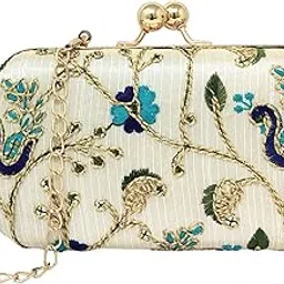 Floral Embroidered Evening Clutch Bag for Women and Girls, Gold Detachable Chain, Kiss Lock Closure, Multi-Colour, Ladies Purse Handbag-image-99