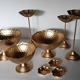 Decent Home Decor Taj Urli Floating Flower Set | Hammered Taj Urli with Stand Urli with Bowl for Living Room | Pooja Diya, Diwali, Christmas, Festival Decor Set of 9 Pcs Combo Pack-picture-29