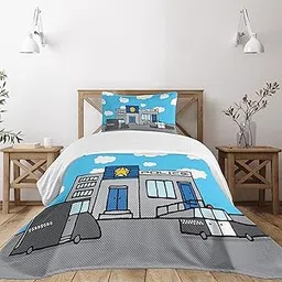 Lunarable Police Bedspread Set Twin Size, Cartoon Police Station Vehicles Cloudy Sky Kids Boys Nursery, Decorative Quilted 2 Piece Coverlet Set Pillow Sham, Pale Blue Grey White-picture-45