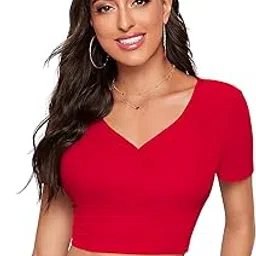 london belly Women's Cotton Lycra Half Sleeve V Neck Bodyfit Crop Top|Western Slim Fit Top-picture-16