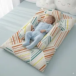 StarAndDaisy Cotton Baby Bedding Set for NewbornsBoys & Girls – Cushioned Mattress Sheet with 2 Side Pillows & 1 Head Pillow, Soft & Breathable for Infant & Toddlers Sleep -Check Print-picture-35