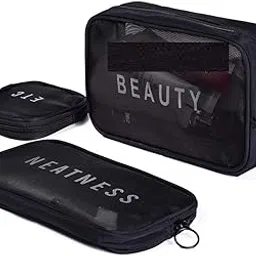 XIBO Mesh Makeup Bag 3pcs Travel Wash Bag for Men Women Cosmetics Makeup Shaving Accessories, Multipurpose Mesh Travel Storage Organizer Bag 3pc/Set, Wine red, Toiletry Bags.-picture-11