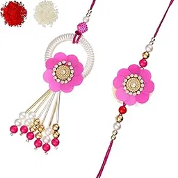 iinfinize Rakhi for Rakshabandhan | Traditional Handmade Rakhis for Bhaiya Bhabhi | Premium Lumba Chuda Rakhi Set with Roli Chawal | Floral Pendant Wristband Bracelet-picture-23