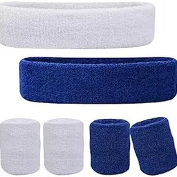 CASHWIN Cotton Sports 1+1 Headband and 2+2 Wristband for Men and Woman for Cricket Tennis.(Blue,White)-image-14