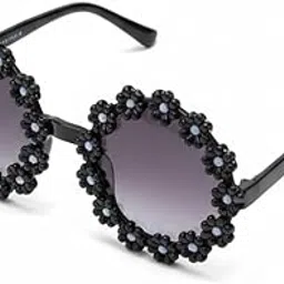 Floral Heart Shaped Sunglasses, Black Frame with Gradient Lenses, Decorative Flower Design, Fashion Eyewear-picture-38