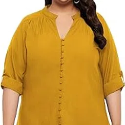 wild u Women Plus Size Tunic Top | Hip Length | 3/4 Sleeve | V-Neck | Band Collar | Rayon | Western Stylish (Yellow, Size : 3XL-10XL)-picture-26