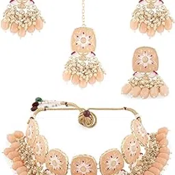 zaveri pearls Peach & Pink Meenakari Floral Choker Necklace Earring Maangtikka & Ring Set For Women-ZPFK18793-picture-27