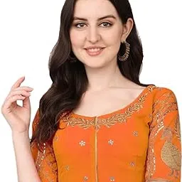 Women's Phantom Silk Embroidery Handwork & Sequin Work Peacock Design Half Sleeve Readymade Blouse (Mor Blouse_Gold_38 Size+Margin)-image-69