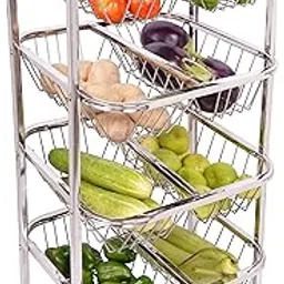 LOGENTA Stainless Steel Kitchen Basket 4 Layer Fruits & Vegetable Partition Trolley Basket with Wheel, Kitchen Storage Onion Potato Storage Rack Multipurpose Kitchen Racks image 1