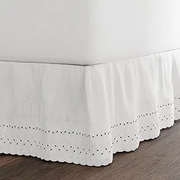 Eyelet Ruffled Bedskirt – Ruffled Bedding with Gathered Styling –14” Drop, Queen, White-picture-10