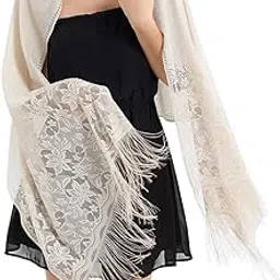 riiqiichy Women's Floral Lace Mesh Party Prom Shawl Scarf with Fringe-picture-19