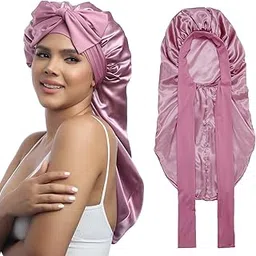 AWAYTR Long Satin Bonnet for Women - Double Layer Elastic Silk Bonnet for Braids Hair Sleeping Cap with Tie Band, Rose Gold, One Size image 1