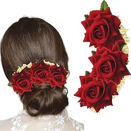TEMPERIA Hair Accessories For Women's & Girls - Stylish Red Rose & White Artificial Flowers Bun Juda Bridal Brooch & Braid For Hairstyle & Decoration - Pins & Clips For Style Of Bride, Wedding & Party-image-26