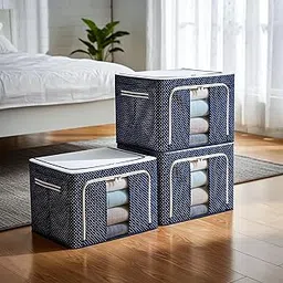 VERAT 3 Pcs 66 Liters Foldable Steel Frame Cloth Organizer for Storage/Wardrobe Organizer Storage/almirah organizer/Shirts/Blankets/Clothes Storage Box with Handle/Storage Box and Organiser(Blue)-picture-24