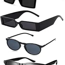 younky Unisex Combo Offer Pack Of 4 UV400 Protection Stylish Frame Fashion Sunglasses For Men And Women - Black Rectangular MC Stan Round With Box-picture-28