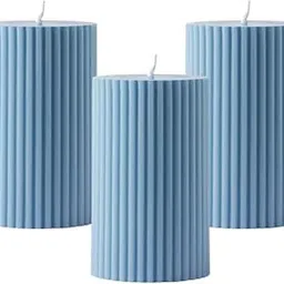 Luces Blue Soy Wax Pillar Candle Set of 3 Pcs Ribbed Scented Pillar Candles for Home Decor Diwali Wedding Valentine Church x-Mass Spa Dinner Table-picture-21