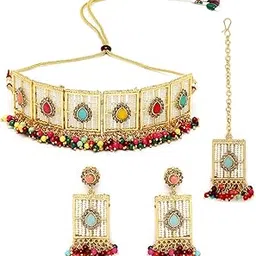sukkhi Beautiful Squared Shaped White Beads Studded With Gold Plated Choker Necklace Set For Women-picture-30
