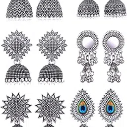 meenaz Traditional Oxidised Silver Jhumka Earrings Set for women girls woman fashion jhumkas meenakari oxidized kundan Temple South Indian Ear rings stylish Small Jhumki Combo pack of 6 pairs -1215-picture-29