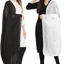 zamour Pure Cotton Embroidered Dupatta Odhni, Traditional Indian Chunni with Lace Border, Black and White, Pack of 2-picture-42