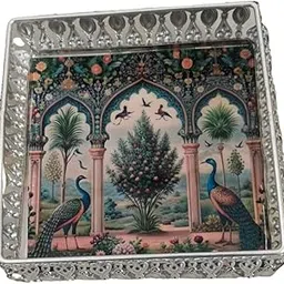 FluteKrish's German Silver Square shape Basket, Traditional Handcrafted2Bowl for Worship, Home Temple Decor, Wedding Return Gift with attractive Nature/God picture. Size: 24 x 24 Inches (3 medium)-image-90