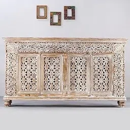 Carved Wood Sideboard Cabinet 4-Door Solid Wood Storage Console with Floral Lattice Design, Distressed White Finish, Handcrafted Buffet Cabinet for Living Room, Dining Room-picture-28