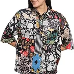 Ravaiyaa - Attitude is everything Women's 100% Cotton Spread Collar Neck Patchwork Oversized Loose/Relaxed Fit Shirt for Womens/Girls (Black) image 1