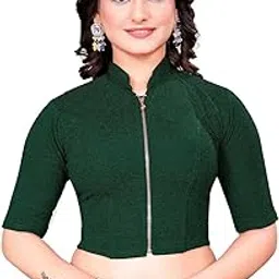 deltin hub Full Zipper Half Sleeve Saree Blouse | Readymade Cotton Lycra Blause | Stretchable Choli | Fancy Designer Blouse for Casual Wear-picture-36