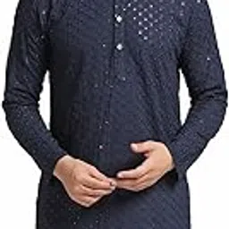 ahhaaaa Cotton Mens Tunic Shirt Ethnic Full Chikankari Sequin Embroidery Mirror Work Straight Kurta for Men-picture-53