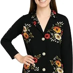 Women Black Floral Printed Button-Down Shrug | Casual & Office Wear Layer-image-19