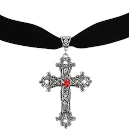 rarelove Red Rhinestone Gothic Cross Necklace Gothic Jewelry Black Velvet Choker Collar for Women Halloween Witch Costume Accessories, Resin, No Gemstone-picture-27
