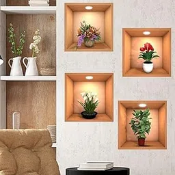 SMARAN 4 Pieces 3D Beautiful Decal Flower Pot Design Wall Sticker 30Cm X 30Cm for Home Living Room Bedroom Multi Colour-picture-27