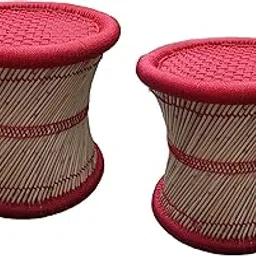 eGharonda Bamboo (SARKANDA) Pure Handmade Mudda Stool | Red (Set of 2) 14x13 Inches-picture-29