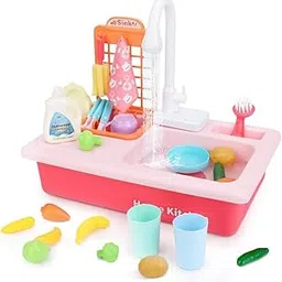 Kids Kitchen Sink Playset - Electronic Pretend Play Wash Basin with Running Water, Real Faucet, and Accessories | Fun Role Play Kitchen Toy Set for Toddlers, Girls & Boys (Pink)-picture-54