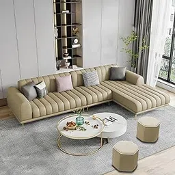 Casaliving Herrick RHS 6 Seater L Shape Sofa Set with 2 Puffy for Living Room (Cream Colour) Premium Velvet Fabric Sofa Set-image-65
