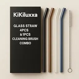 KiKiluxxa Glass Straws with Cleaning Brush -4 Multicolour Straws & 1 Cleaner - Pack of 5pcs- Clear Reusable, Elegant Alternate to for Drinking Juice, Smoothie Black - Brown - White - Blue (CW4+1)-picture-22