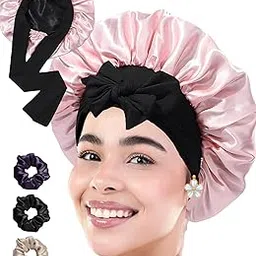 Atrube Women's Satin Silk Bonnet for Hair with 3 Satin Scrunchies, Satin Bonnet for Curly Hair, Reversible Silk Hair Cap for Sleeping, Adjustable Satin Hair Bonnet, Multicolor, Large (Blush Rosewood)-image-20