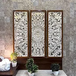 DECOR DELIGHTS Handcrafted Wooden Wall Panel Set of 3 | Vintage Mandala Design Wall Art | Antique White & Brown Finish | Boho Rustic Home Decor | Handmade Indian Carved Wall Hanging Panels 90x90 cm white with golden foil-picture-13
