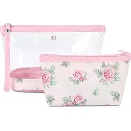 NFI essentials Set of 2 Flower Print Cosmetic Pouch Makeup Pouch Travel Organizer Toiletry Bag for Women Zippered Pouch Set with Handle, Large & Medium-picture-40