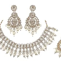 zarmar fashion Rivoli Golden Shadow Stone Necklace Set with Beads, Gold-Plated Jewellery Set with Earrings and Maang Tikka, Wedding Collection (WHITE)-picture-11