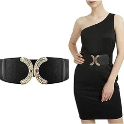 v3e Belt for Womens Ladies Elastic Stretch Interlock Buckle Thick Waist Band for Dress (Black)-picture-20