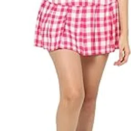 Women Pink & White Checked Skirt | 100% Cotton Fabric | Pleated A-Line Flared Mini Skirt with Zip Closure | Casual Wear for Women-image-18