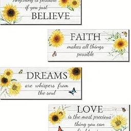 Sarvada Decor 4pcs Rustic Wood Sign Wall Decors - Inspirational Sunflower & Butterfly Designs, Home Office Bathroom Living Room Decorations with Love Faith Believe Dream Quotes - Handcrafted Wooden-picture-16