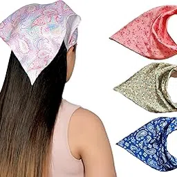 deepnyra - living style Floral Headwrap Hair Scarf Headbands Elastic Print Silk Satin Turban Kerchief Paisley Bandanas for Women Elastic Scrunchies Bands Retro Hair Ties Rubber Band Hair Accessories Pack of 4 image 1