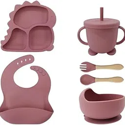 TERI BERI 5-in-1 Silicone Baby Feeding Set | Suction Bowl, Sippy Cup, Bib, Spoon & Fork, Dinosaur Plate | BPA Free, Food Grade, Unbreakable, Dishwasher Safe | Baby Weaning Feeding Set (Pink)-image-9