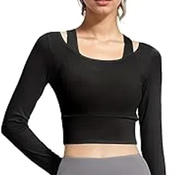ELEG & STILANCE Women's 2 in 1 Yoga Long Sleeve Mesh Gym Athletic Tops Workout Shirts with Medium Support Sports Bra-picture-17