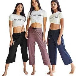 fflirtygo Women's Cotton Plain Calf Length Capri | Nightwear Pajama | 3/4th Solid Pyjama Pant | Black Navy and Lavender Lounge Pants | Casual wear & Lounge Wear Capri Combo (Pack of 3)-picture-11