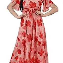 Women's Georgette Floral Printed Maxi Length Flared Dress with Tying Belt, Red, V - Neck, Short Sleeve-image-40
